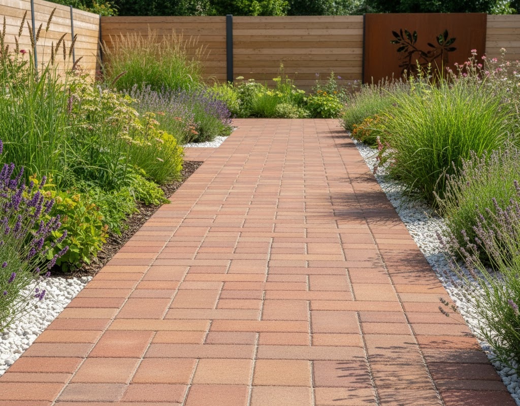 Gepflasterter Gartenweg mit rotem Betonpflaster, Stauden, Gräsern und weißem Kiesrand.