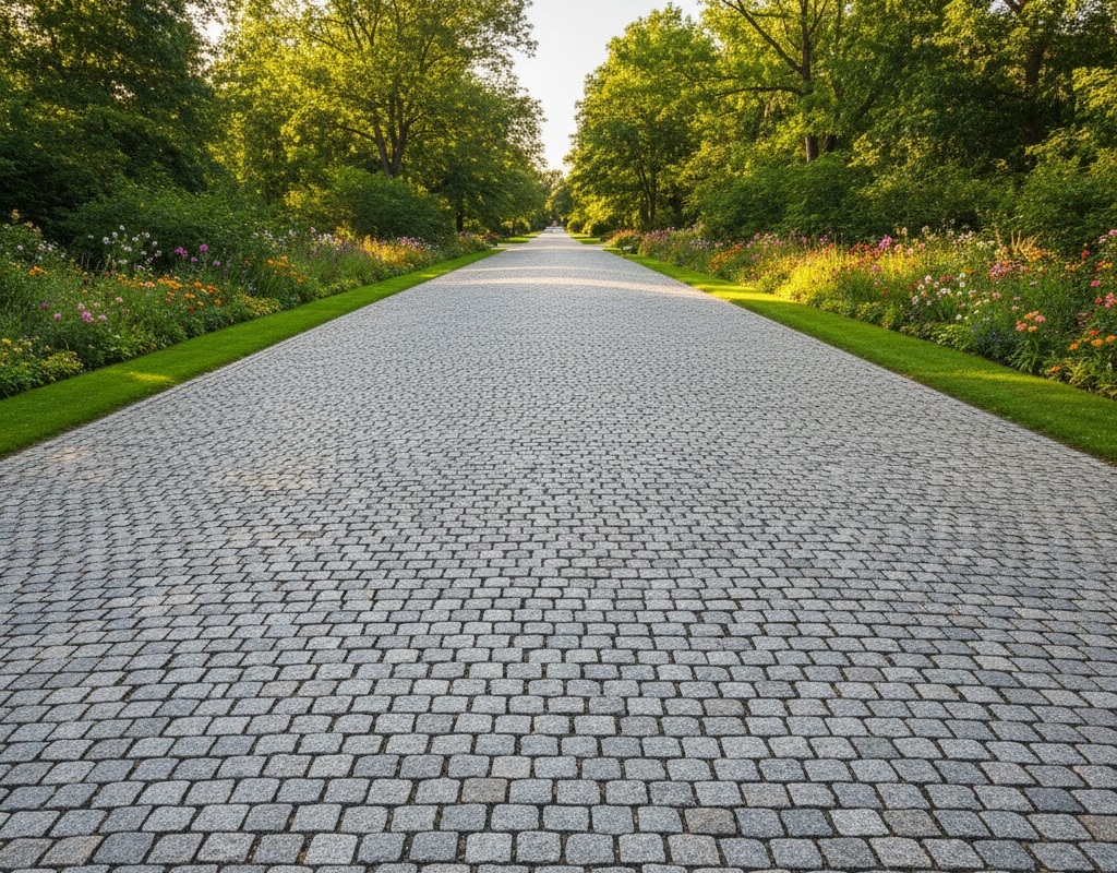Breite Straße aus hellem Kopfsteinpflaster mit Blumenbeeten, Rasenstreifen und Bäumen entlang einer Allee.