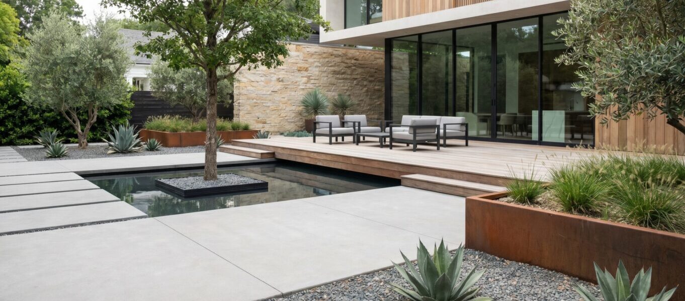 Moderner Luxusgarten mit Wasserbecken, Holzterrasse, Natursteinmauer und professioneller Galabau-Gartengestaltung