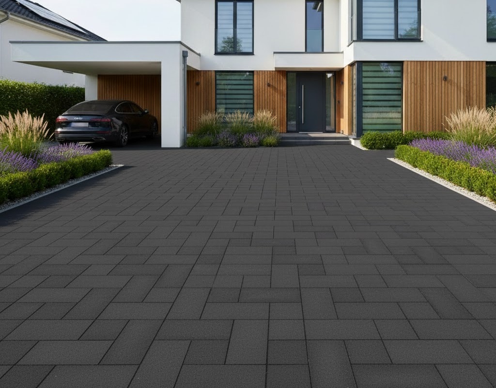 Moderne Einfahrt mit dunklem Pflaster, Carport und gepflegter Vorgartenbepflanzung vor einem Wohnhaus.