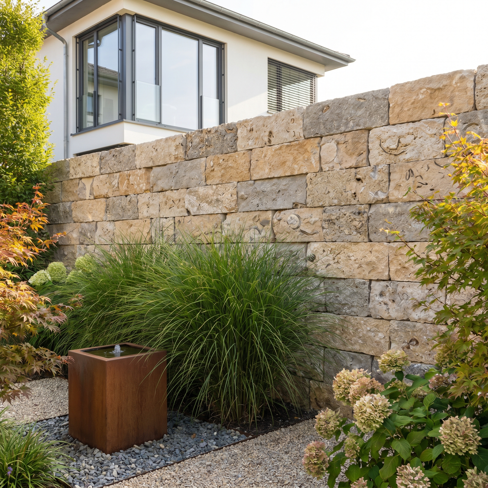 Hochwertige Natursteinmauer mit Gartenbrunnen, Ziergräsern und professioneller Galabau-Gartengestaltung