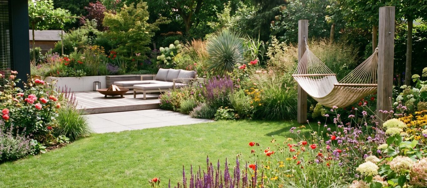 Wohlfühlgarten mit gepflegtem Rasen, Hängematte, Holzterrasse und blühenden Staudenbeeten vom Galabau-Profi