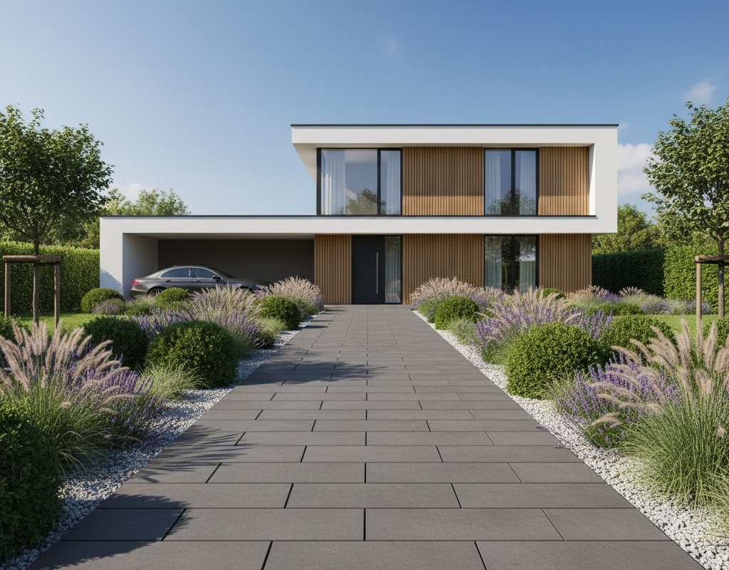 Moderne Villa mit breiter Pflastereinfahrt, Carport und gepflegter Vorgartenbepflanzung.