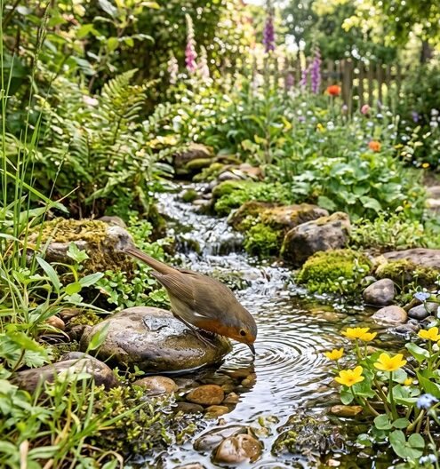 Vogel trinkt Wasser aus einem Bach in einem naturnah gestalteten Garten im Raum Stuttgart.