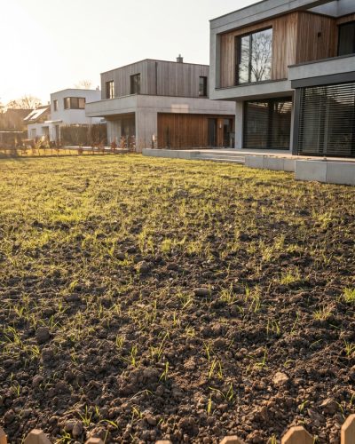 Frische Rasenansaat vor modernem Neubau mit professioneller Galabau-Gartengestaltung